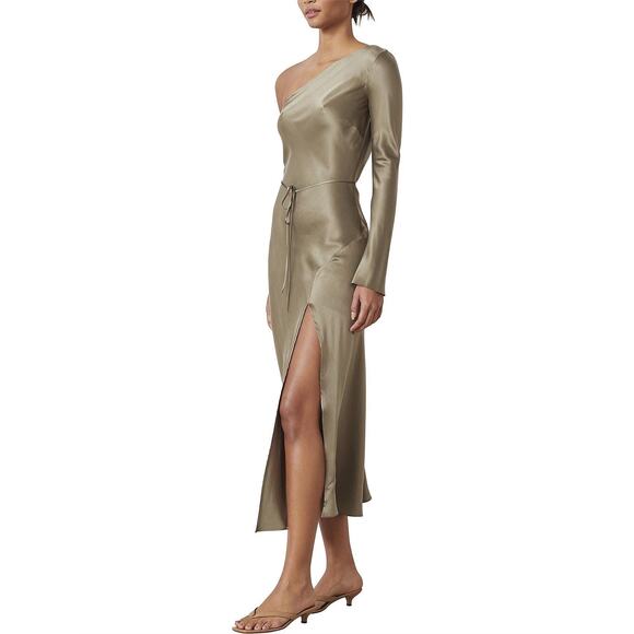 BEC + BRIDGE Classic Silk Asym Midi Dress Green One Shoulder Size 6 - Picture 8 of 12